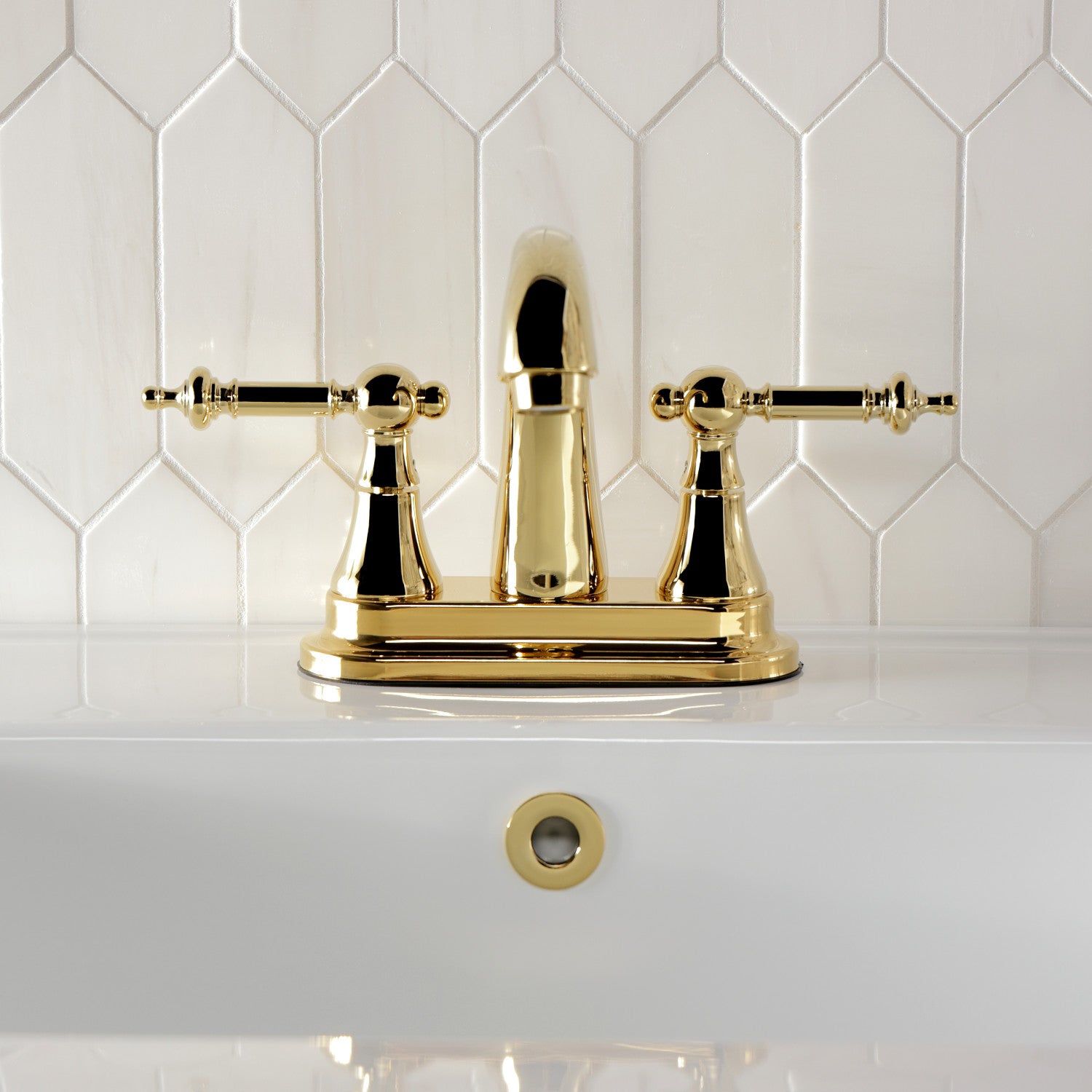 Kingston Tulare KS7612TL - Templeton Double-Handle 3-Hole Deck Mount 4-Inch Centerset Bathroom Faucet with Brass Pop-Up, Polished Brass — thumbnail 3